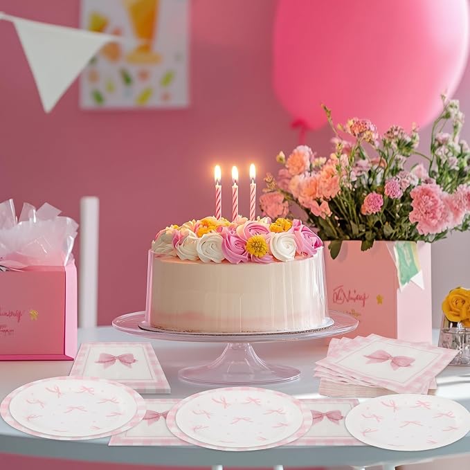 60PCS Pink Bow Paper Plates and Napkins Party Supplies Serve 20 | Disposable - Image 5