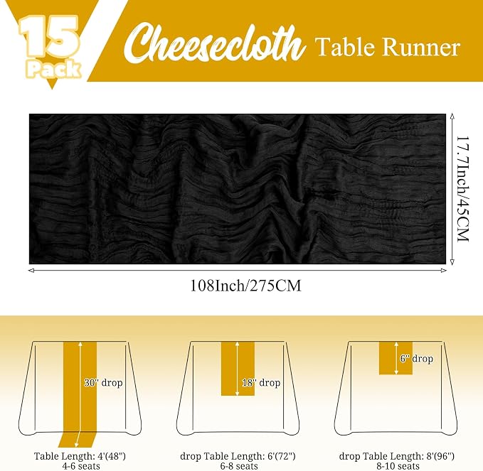 15 Pack Black Table Runner 17 x 108inch Cheesecloth Table Runner Boho Gauze - Image 2