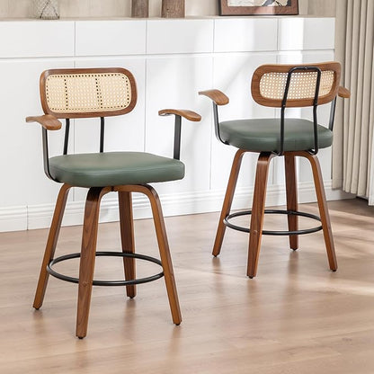 Rattan Swivel Bar Stools Set of 2,Green Faux Leather Counter Height Barstools with Arms Rattan Backrest/Wooden Legs,Mid Century Modern Bar Chairs for Kitchen/Dining Room/Bar