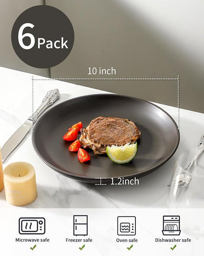 Dinner Plates Set of 6, 10 Inch Stoneware Plates for Salad, Appetizer, Dessert, Farmhouse Dinnerware Dishes for Christmas Thanksgiving Gift, Microwave & Dishwasher Safe, Matte Black