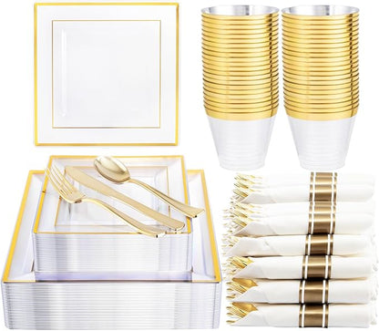 DaYammi 175 PCS Clear Gold Plastic Plates,Gold Plastic Dinnerware Sets,Includes: 25 Dinner Plates,25 Salad Plates,25 Pre Rolled Napkins with silverware,25 Cups 9 OZ, Perfect for Wedding and Party