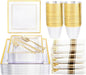 DaYammi 175 PCS Clear Gold Plastic Plates,Gold Plastic Dinnerware Sets,Includes: 25 Dinner Plates,25 Salad Plates,25 Pre Rolled Napkins with silverware,25 Cups 9 OZ, Perfect for Wedding and Party