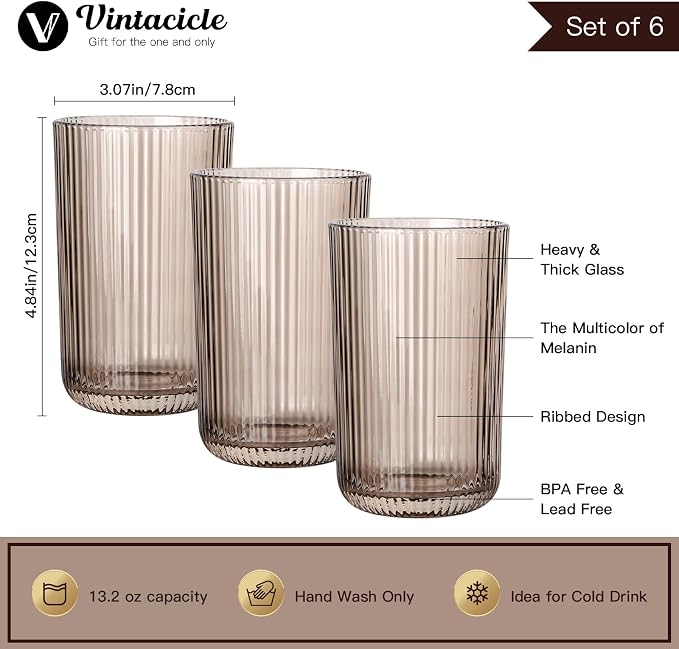 Gray Ribbed Highball Glasses Set of 6, 13.2oz Smokey Gray Colored Glassware - Image 2