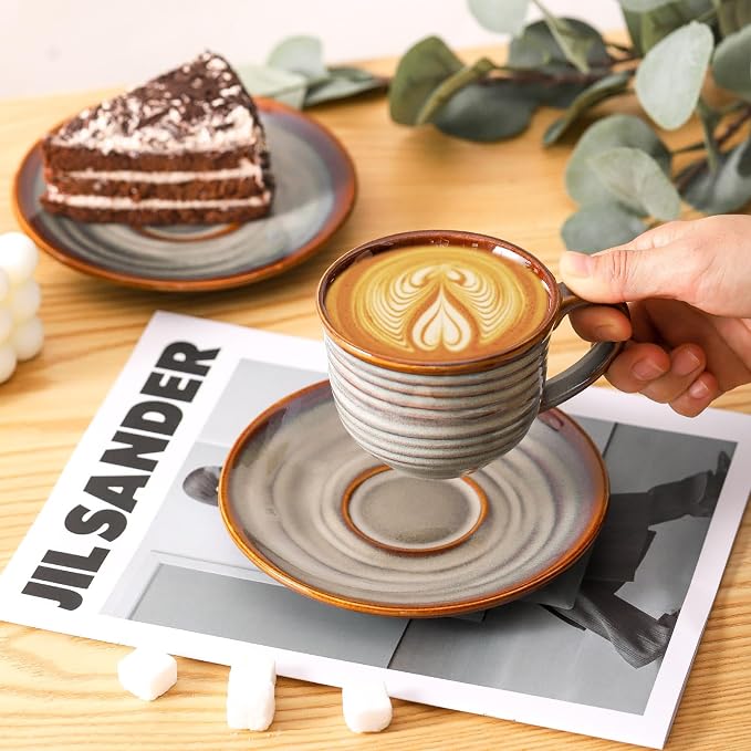 HASENSE Ceramic Tea Cups and Saucers, 8oz Cappuccino Cups Set of 4, Espresso - Image 6