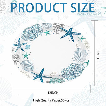 50Pcs Christmas Coastal Oval Paper Plates 10" x 12" Large Disposable Heavy Duty Blue Ocean Coral Starfish Seashell Platters Beach Sea Plate for Merry Xmas Holiday Dinner Birthday Table Party Supplies