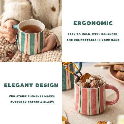 Striped Ceramic Coffee Mugs Set of 2, Tea & Cocoa, 12oz Dishwasher & Microwave - Image 9
