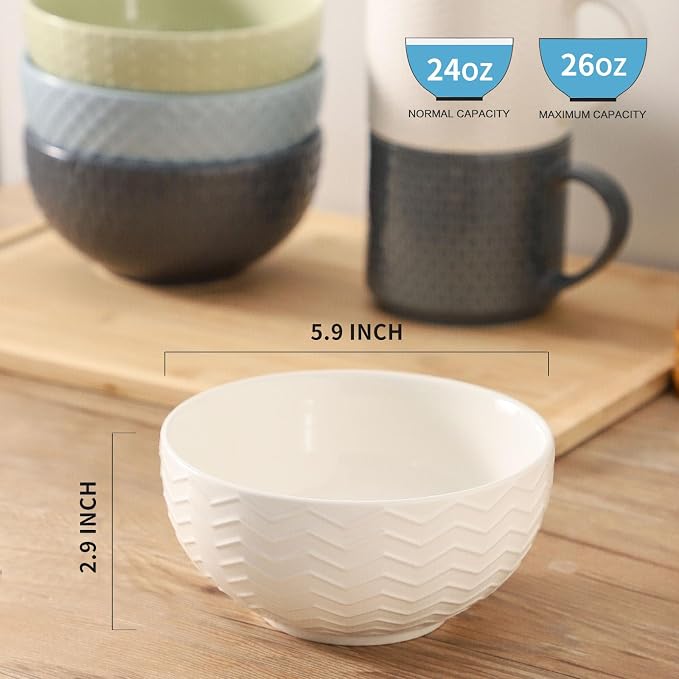 HASENSE Ceramic Cereal Bowls Set of 4, 26 OZ Soup Bowls, Embossed Stoneware - Image 2