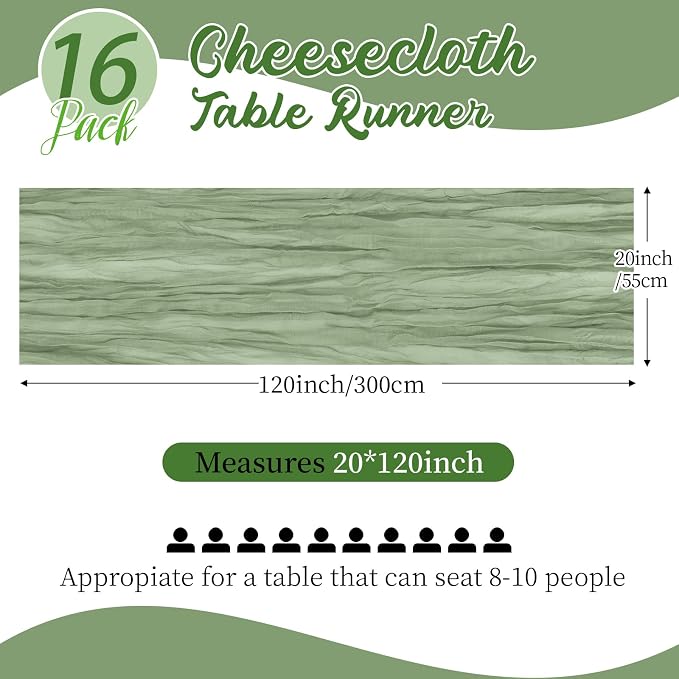 16 Pack Sage Green Cheesecloth Table Runners 20x120 Inch Gauze Table Runner - Image 2