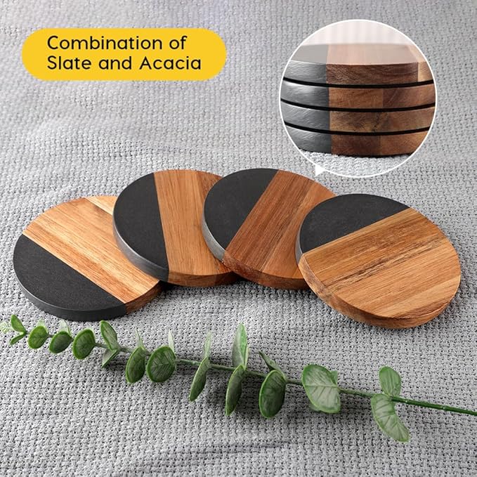 WLWNWFT Marble Acacia Wood Drinks Coasters Set of 4, Modern Rustic Wooden - Image 4