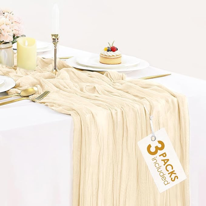 3 Pack Beige Cream Cheesecloth Table Runner 35x120 Inches, Summer Boho Cream by BlueTopCoLtd