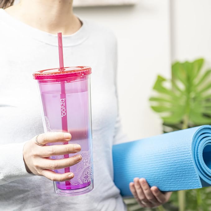 bzyoo 24oz Plastic Tumbler Cup, Lid & Straw, Iced Coffee, Mandala Pink - Image 8