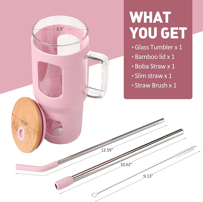 WINSA Glass Tumbler with Straw and Lid, 32 oz Glass Cup with Handle, Glass - Image 2