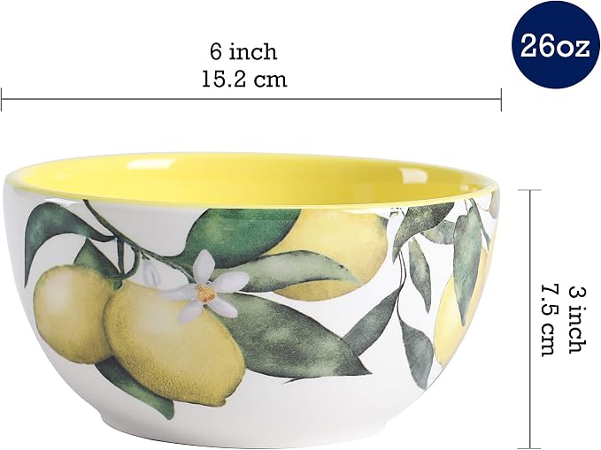 Bico Lemon Dreams Cereal Bowls Set of 4, 26 oz Deep Ceramic Soup Bowls - Image 2