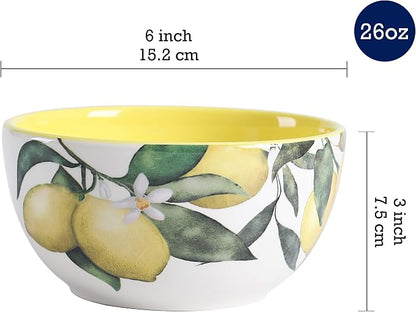Bico Lemon Dreams Cereal Bowls Set of 4, 26 oz Deep Ceramic Soup Bowls - Image 2