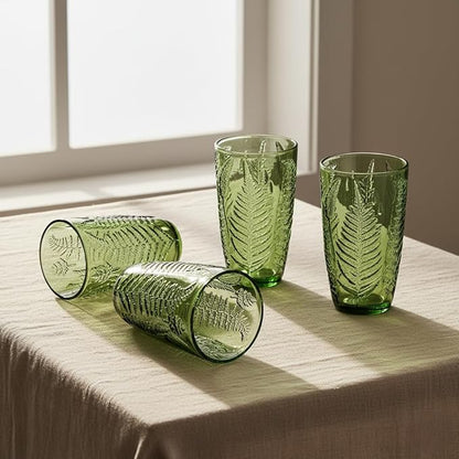 Green Drinking Glasses Set of 8, 16 oz Glass Cups, Vintage Fern Glassware | - Image 2