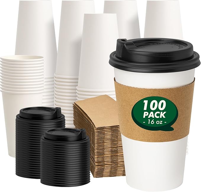 16 oz Coffee Cups with Lids and Sleeves 100 Pack, Thickened Paper Cups by CELLURA