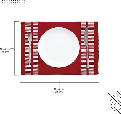 Encasa XO Dining Placemat Set of 6 | Ladder Red Color | Fine Ribbed Cotton Table mat | Size 18x13 in | Machine Washable