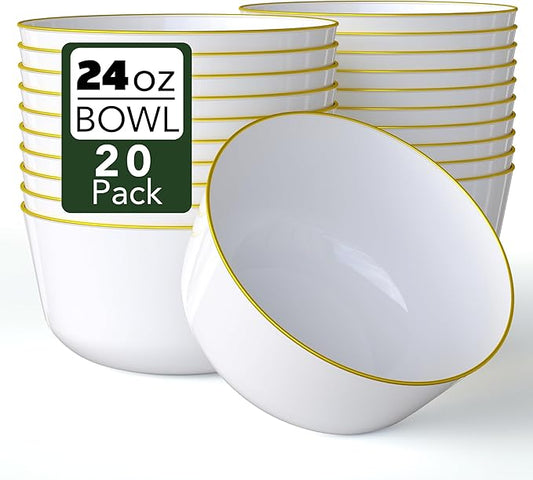 Trendables Disposable Bowls - 24 Oz Set of 20 in White with Gold Rimmed Fancy Plastic Serving, Ice Cream and Salad Bowls