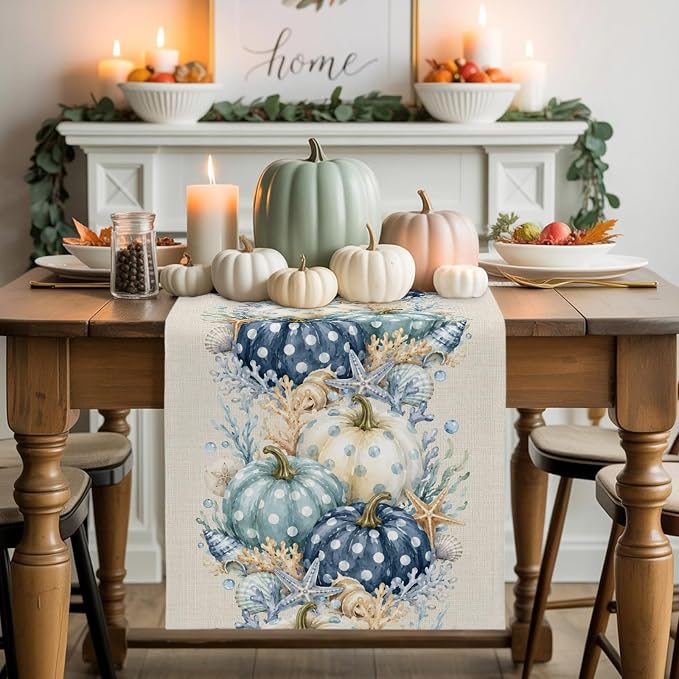 Blue Pumpkins Table Runners 72 Inches Long, Fall Thanksgiving Cotton Linen - Image 2