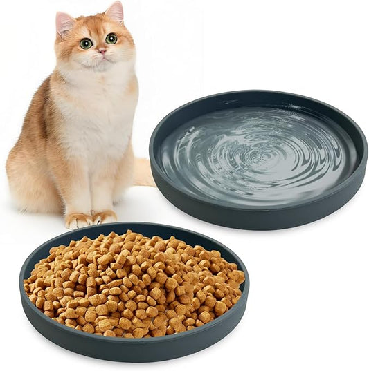 Silicone Cat Food Bowls Shallow Cat Dishes 5.9in Wide Pet Plates Set of 2 Small Flat Dog Saucer Bowl Cute Whisker Fatigue Kitten Feeding Dish for Dry & Wet Food (Round Dark Grey)