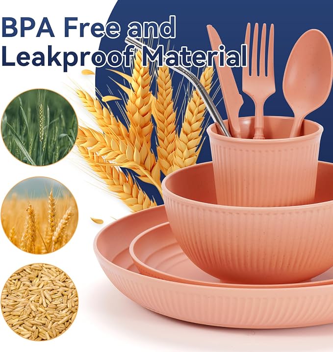 Wheat Straw Dinnerware Sets, 64-Piece Plates and Bowls Sets - Image 6