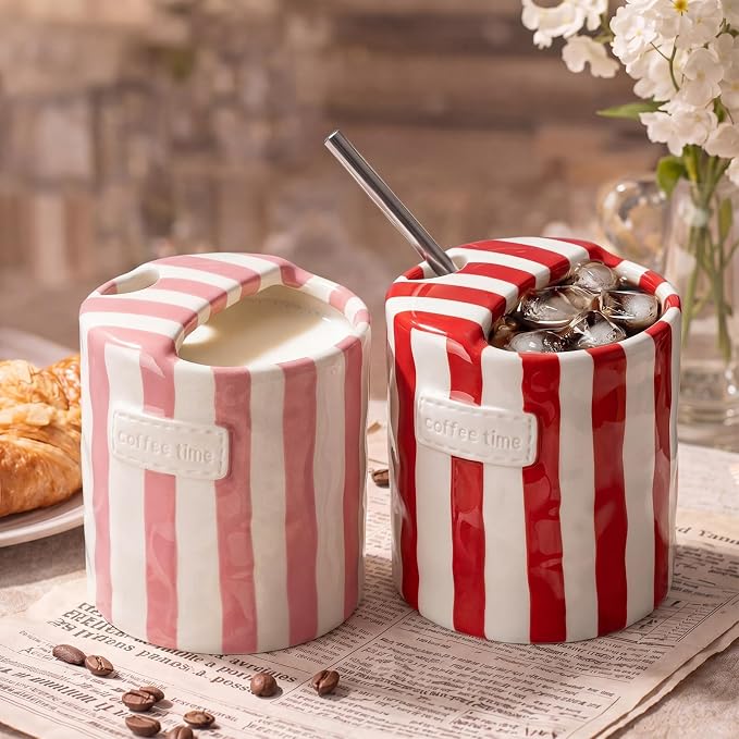 2 Pack Ceramic Coffee Mug with Sip Hole Espresso Cup 10oz with Straws Retro - Image 6