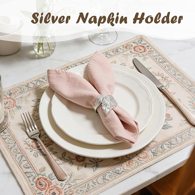 Napkin Rings Set of 6 Silver Napkin Holder Buckles | Leaf Shaped Napkin Ring - Image 2