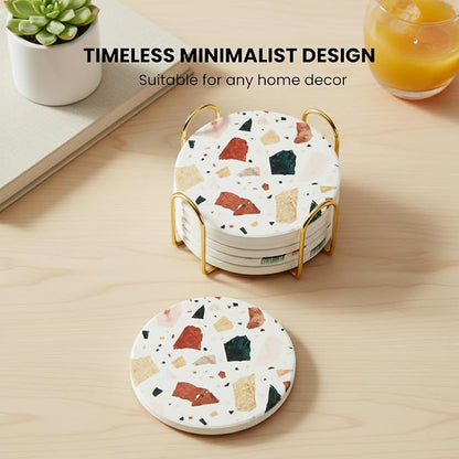 Terrazzo Coasters Set of 6, Colorful Boho Absorbent Ceramic Coasters | Speckled - Image 6