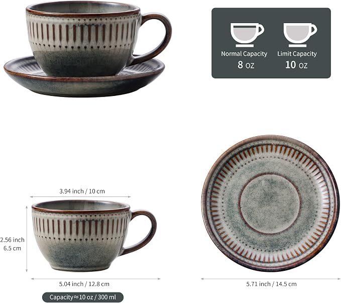 10Oz ceramic coffee cup and saucer sets, elegant striped pattern, unique kiln - Image 2