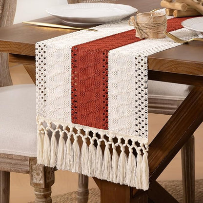 DeZerlor Boho Macrame Table Runner Terracotta Farmhouse Woven Small Table Runner - Image 7