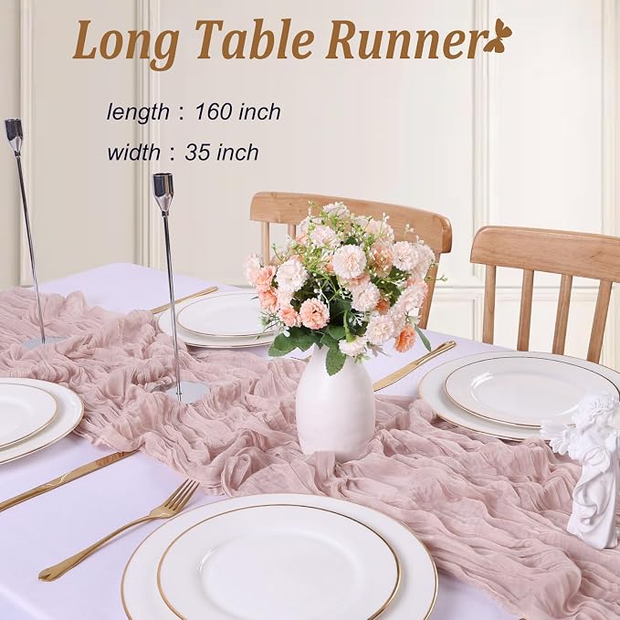 Crinkle Cheesecloth Table Runner 35x157 Inch Long Dusty Pink Boho Table Runner - Image 2