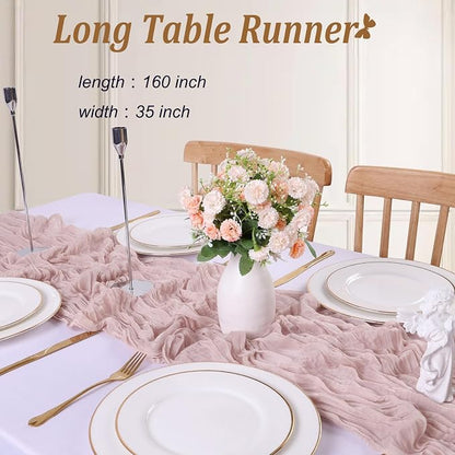 Crinkle Cheesecloth Table Runner 35x157 Inch Long Dusty Pink Boho Table Runner - Image 2
