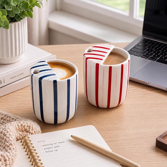 2 Pcs Ceramic Mug with Sip Hole 10 oz Deep Blue Red Striped Ceramic Coffee Mug - Image 5