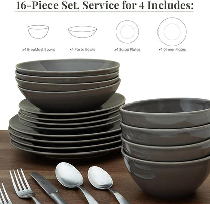 Larder & Vine Ceramic Stoneware Dinnerware 16-Piece Set, 4 Place Settings (French Gray)