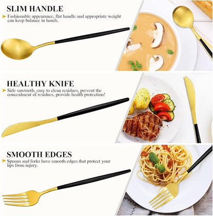 Black and Gold Silverware Set for 8, 40-Piece Matte Handle Flatware, Stainless - Image 3
