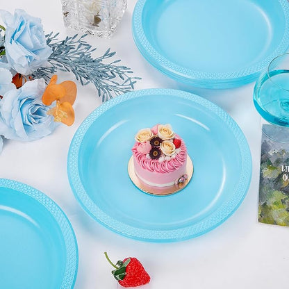 WELLIFE Light Blue Party Plates 7 Inch -150 Count, Disposable Plastic Baby Blue Dessert Plates for Party Cake Appetizer Salad Baby Shower