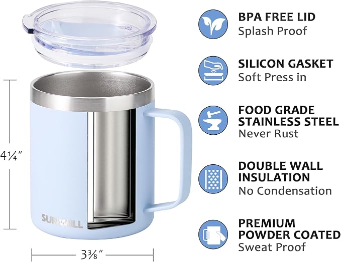 SUNWILL Insulated Coffee Mug, Stainless Steel 14 oz, Splash-Proof Lid | Keeps - Image 2