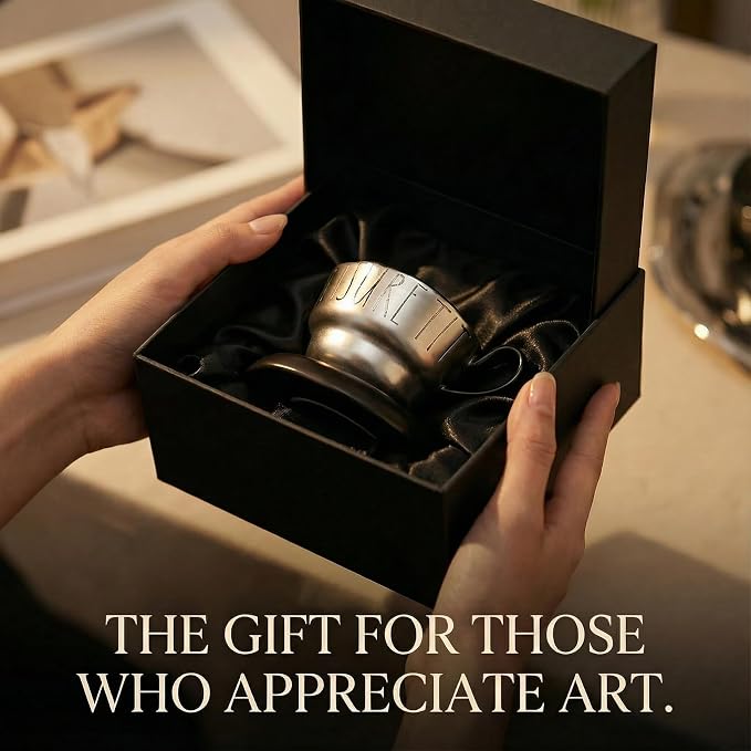 Volcanic Ash Titanium Finish Coffee Mug and Saucer Set | Modern Sculptural - Image 6