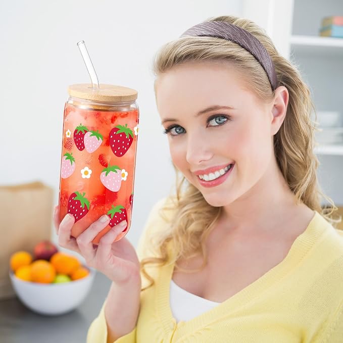 Sliner 2 Pcs Strawberry Glass Cups Summer Drinking Glasses 16 oz Iced Coffee - Image 4