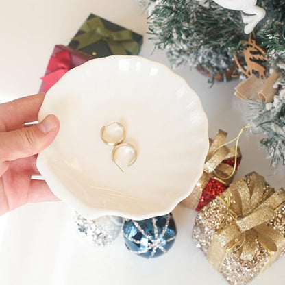 Shell Ring Dish Tray, Ceramic Jewelry Tray Trinket Dish, Seashell Key Holder Bowl, Beach Room Coastal Decor Aesthetic, Ocean Bathroom Counter Decor, White, Small