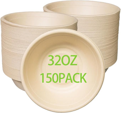 32oz Disposable Salad Bowls 150Pack, Big Paper Bowls, Heavy-Duty, Eco-Friendly by Emlifepak