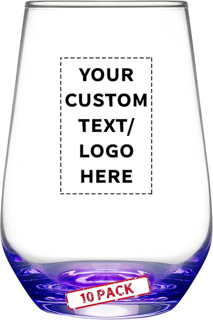 DISCOUNT PROMOS 10 Vaso Silicia Stemless Wine Glasses Set, 16 oz. - Personalized Text, Logo - Clear, Orb-Like, Thick base - Purple