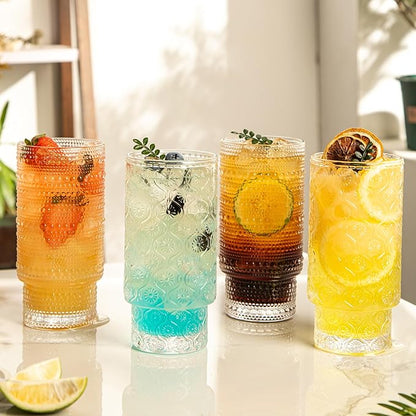 Drinking Glasses Set of 4, 16oz Textured Flower Design Cocktail Glasses, Stackable Old Fashioned Glass Cups, Vintage Glassware for a baby Shower Wedding for Kitchen and Bar - Dishwasher Clear
