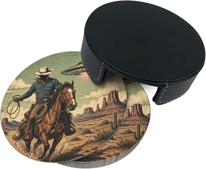 Retro UFO Western Cowboy Leather Coasters Set of 6 - Image 3