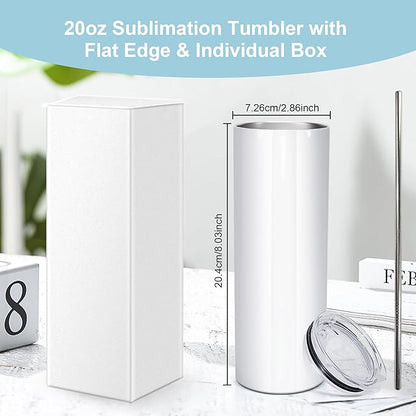25 Pack Sublimation Tumblers Blank 20 oz Straight Skinny Tumbler with Stainless Steel Straws Rubber Bottom Individually Boxed Sublimation Cups Wholesale Blank White for DIY Craft