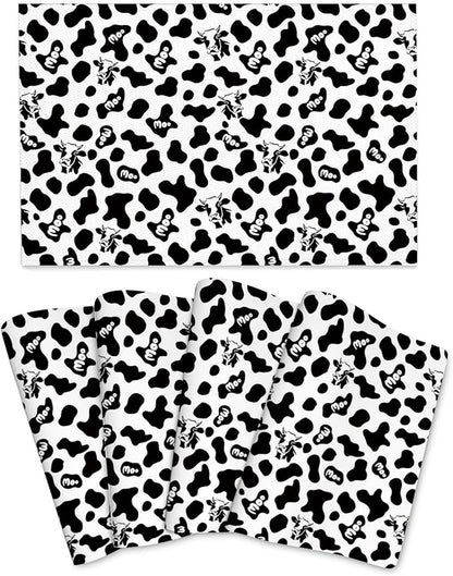 Cow Print Placemats Set of 4 Linen 12"x18" Black White Decorative Place Mats Washable Kitchen Table Mats for Dining Outdoor Farmhouse Home Decor Holiday Party Dining Mat