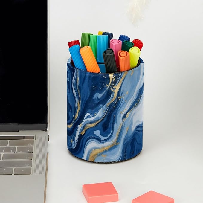 Blue Abstract Fluid Marble Leather Pen Holder - Image 5