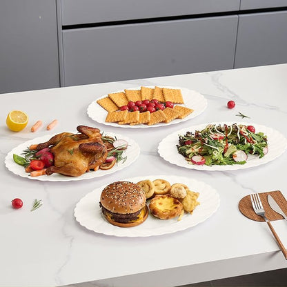 U-QE 25 Count Ivory Christmas Plastic Plates - 15.6 inch Oval Plates Disposable Plates Heavy Duty For Big Eaters, Ivory Disposable Platters Ideal for Christmas, Party, Picnic and Weddings