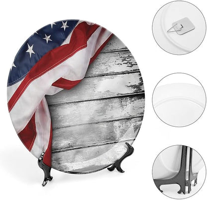 Decorative Plates, American Flag Print Ornament, Flag on Wood Planks, 8 Inch, Kitchen Wall Decor, Multicolor