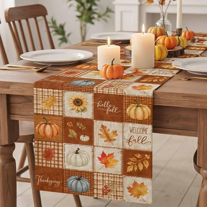 Fall Checkered Table Runner 72 Inches Long, Thanksgiving Pumpkins Table Runners - Image 2